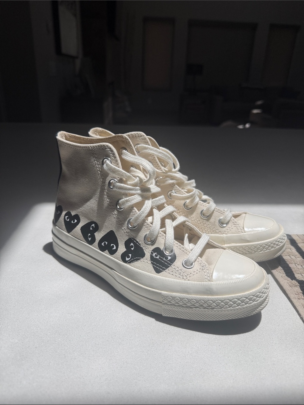Converse High Top Sneakers Cream Canvas with Black Heart Graphics
